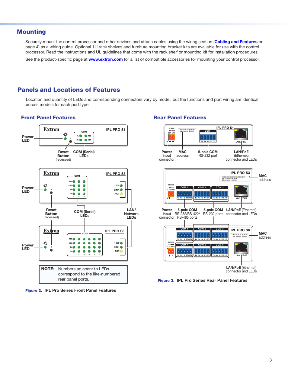 Mounting, Panels and locations of features, Front panel features | Rear panel features, Rear panel, Features, Ipl pro series front panel features, Ipl pro series rear panel features, Com (serial) leds com (serial) leds reset button, Reset button | Extron Electronics IPL Pro Series Setup Guide User Manual | Page 3 / 8