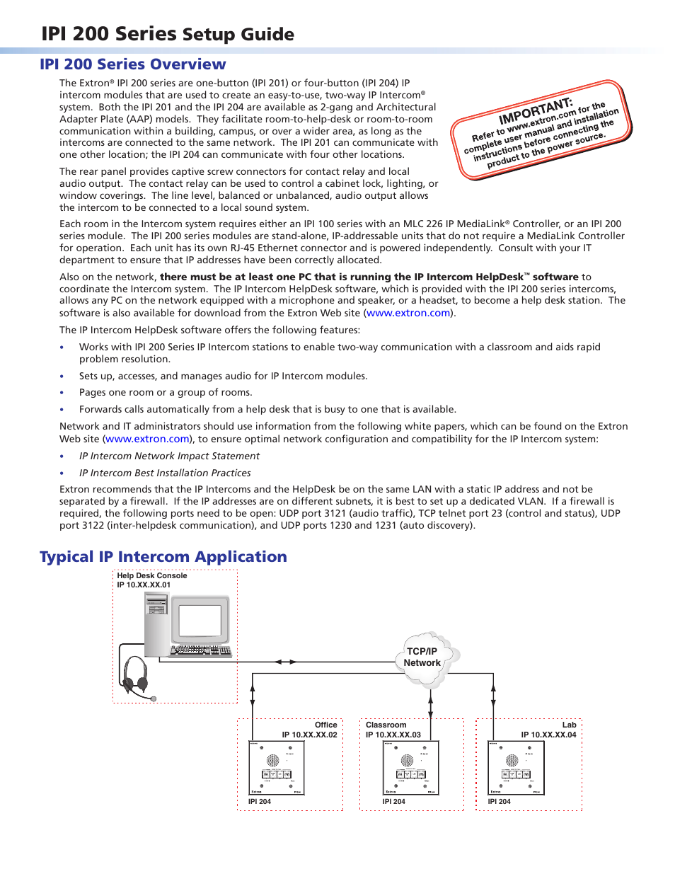 Extron Electronics IPI 200 Series Setup Guide User Manual | 2 pages