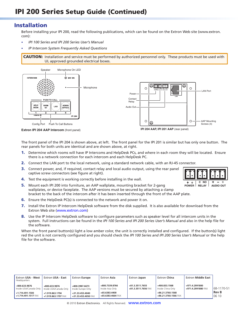 Installation, Extron contact information, Ipi 200 series | Setup guide (continued), Caution | Extron Electronics IPI 200 Series Setup Guide User Manual | Page 2 / 2