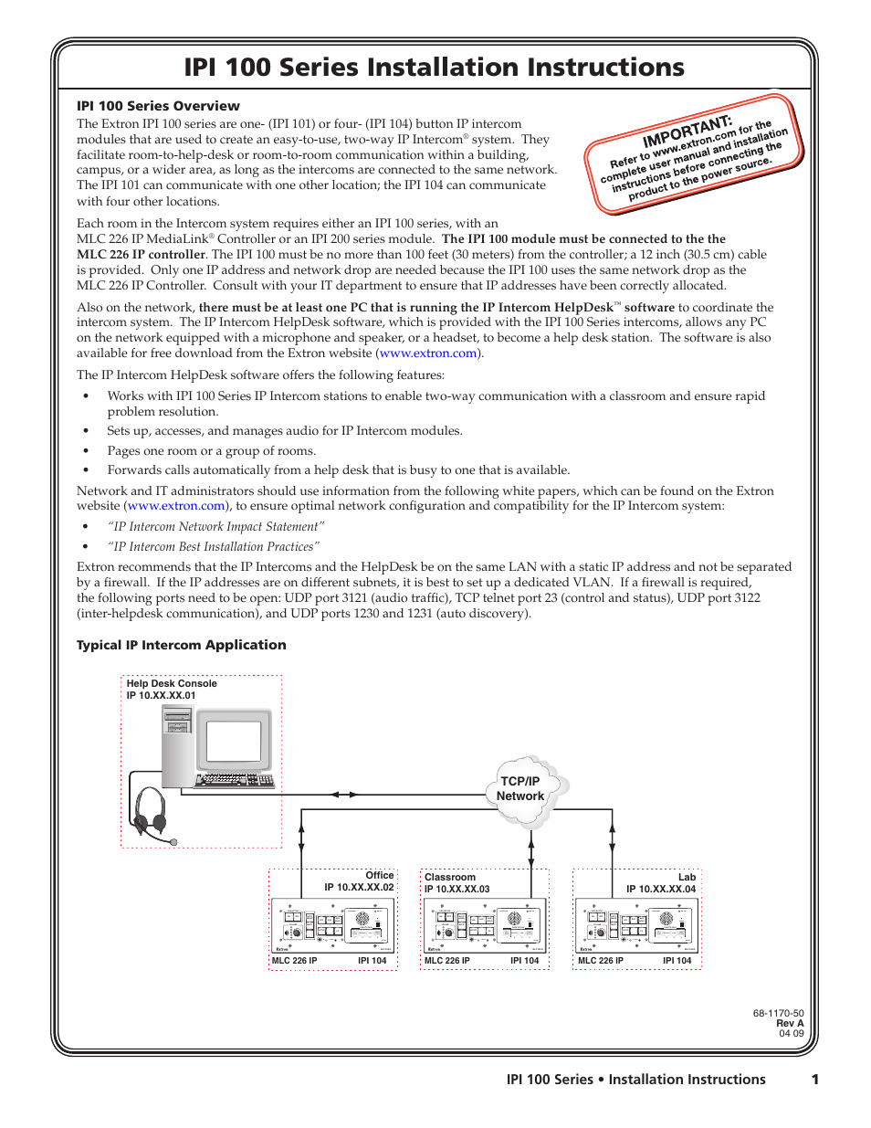 Extron Electronics IPI 100 Series Installation User Manual | 2 pages