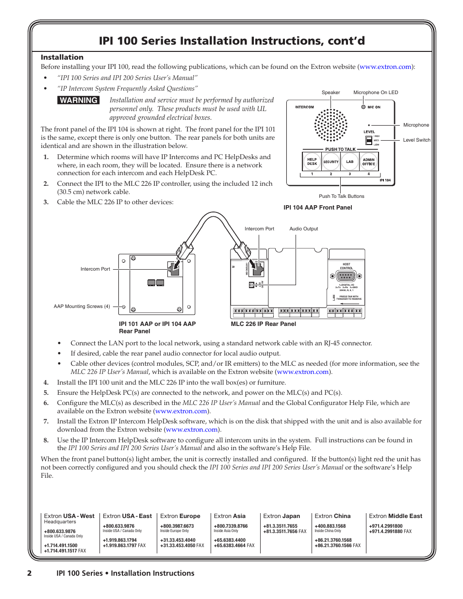 Installation, Ipi 100 series installation instructions, cont’d | Extron Electronics IPI 100 Series Installation User Manual | Page 2 / 2
