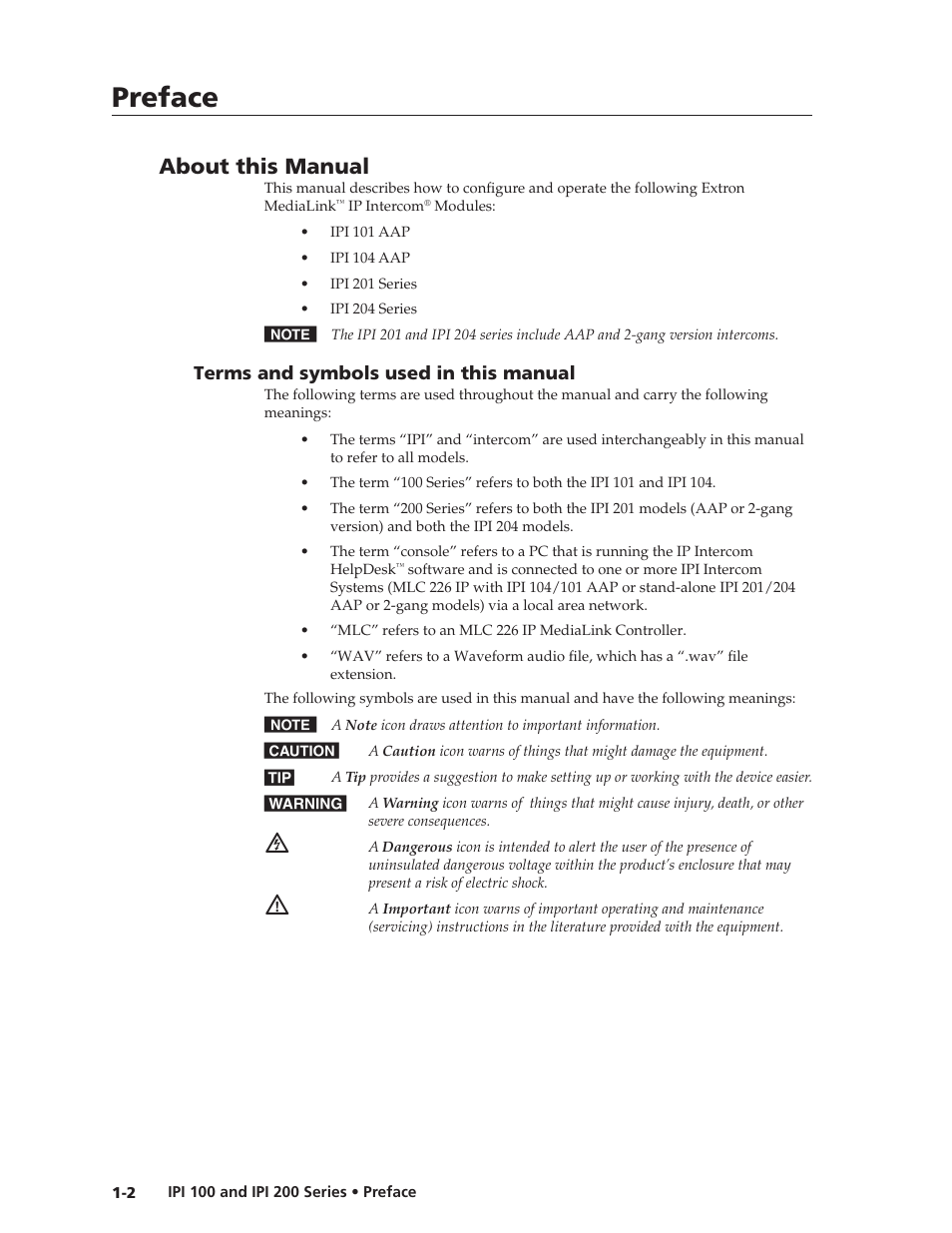 About this manual, Terms and symbols used in this manual, Terms and symbols used in this manual -2 | Preface | Extron Electronics IPI 200 Series User Guide User Manual | Page 10 / 86