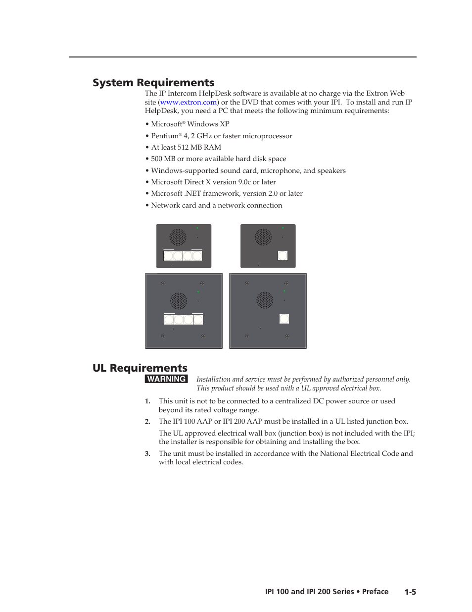 System requirements, Ul requirements, Windows xp • pentium | Extron Electronics IPI 200 Series User Guide User Manual | Page 13 / 86