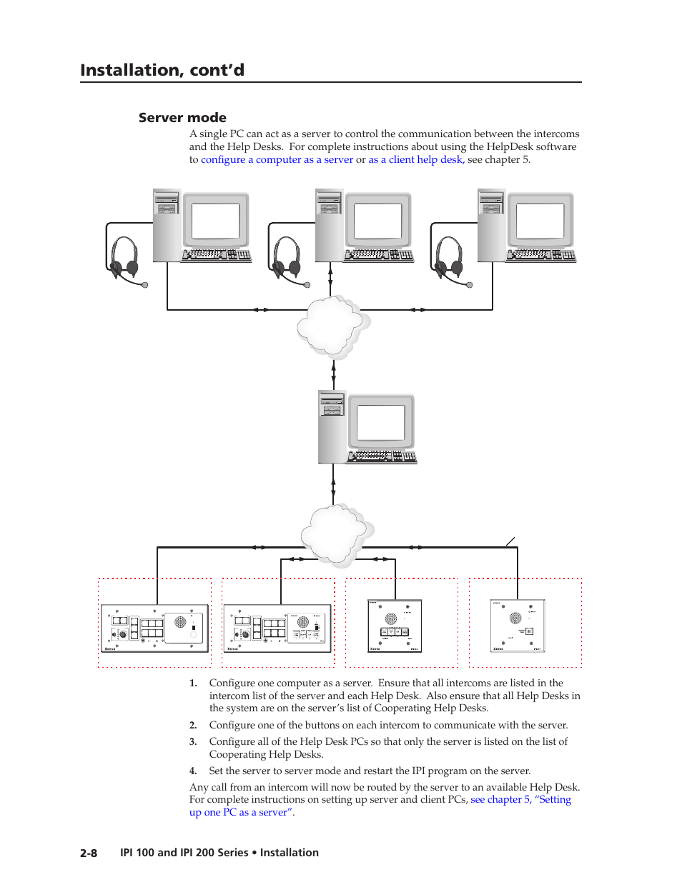Server mode, Server mode -8, Installation, cont’d | Tcp/ip network, Config ir, Intercom monitor level high med low ipi 101 | Extron Electronics IPI 200 Series User Guide User Manual | Page 22 / 86