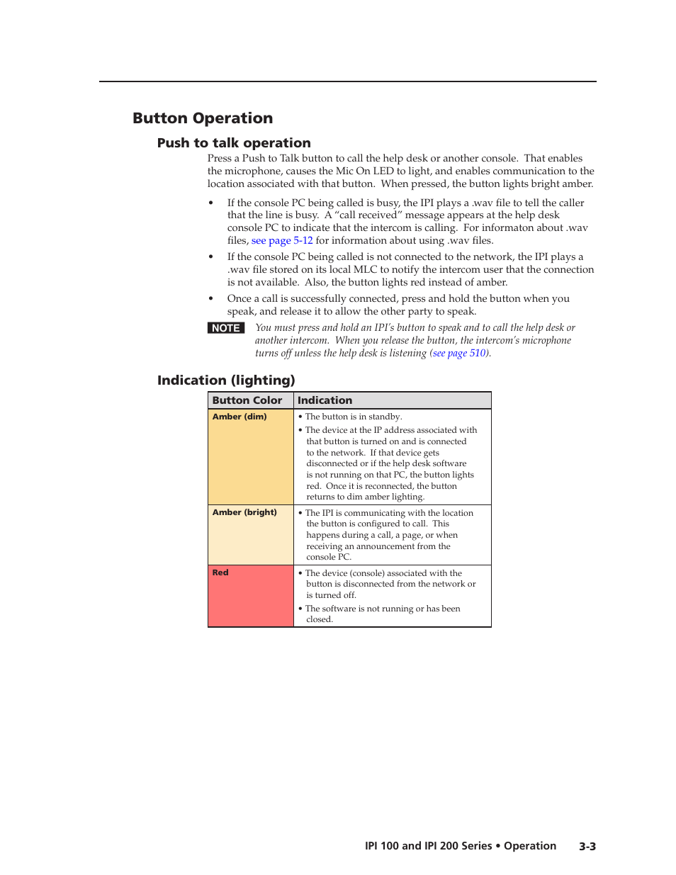 Button operation, Push to talk operation, Indication (lighting) | Push to talk operation, Indication (lighting) | Extron Electronics IPI 200 Series User Guide User Manual | Page 27 / 86