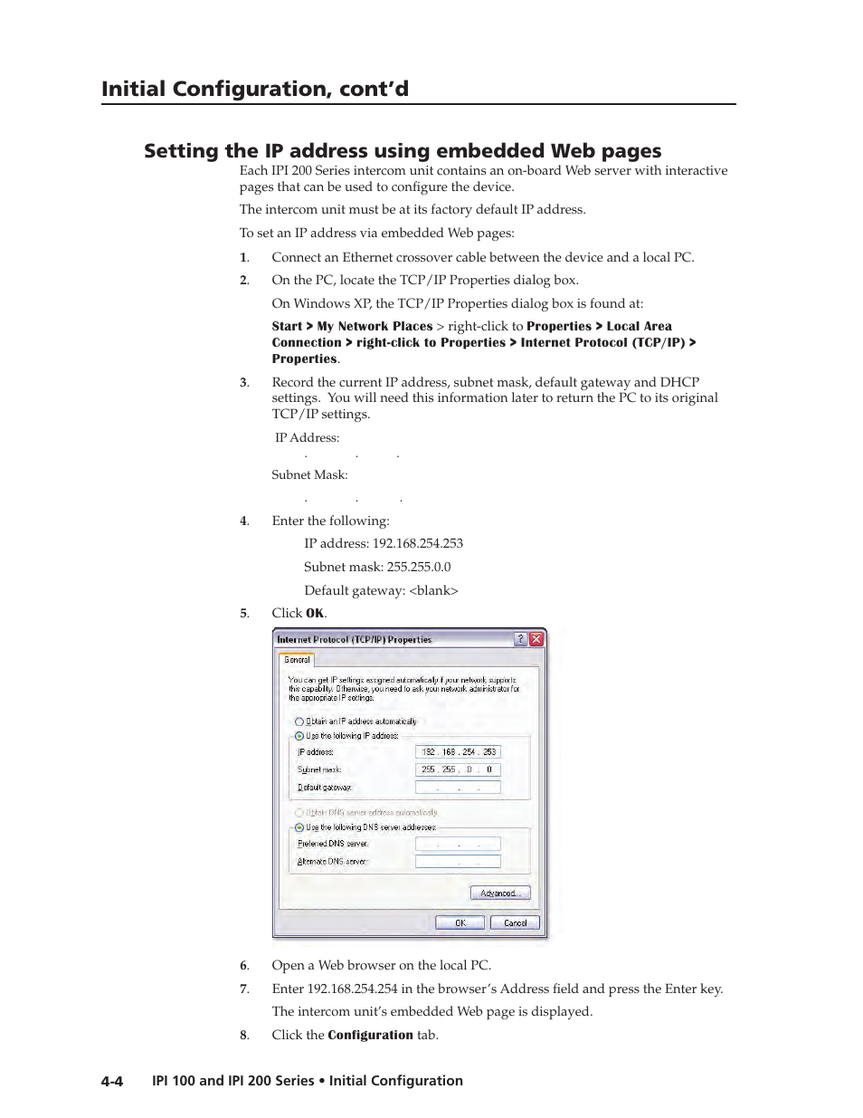 Initial configuration, cont’d, Setting the ip address using embedded web pages | Extron Electronics IPI 200 Series User Guide User Manual | Page 32 / 86