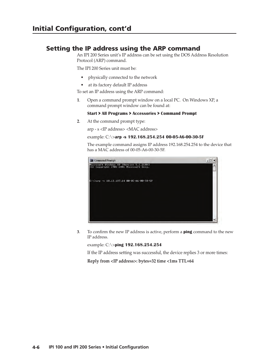 Setting the ip address using the arp command, Initial configuration, cont’d | Extron Electronics IPI 200 Series User Guide User Manual | Page 34 / 86