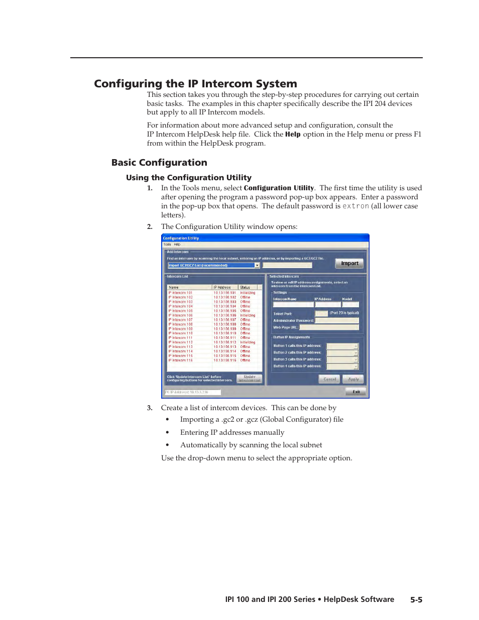 Configuring the ip intercom system, Basic configuration, Using the configuration utility | Basic configuration -5, Using the configuration utility -5 | Extron Electronics IPI 200 Series User Guide User Manual | Page 39 / 86