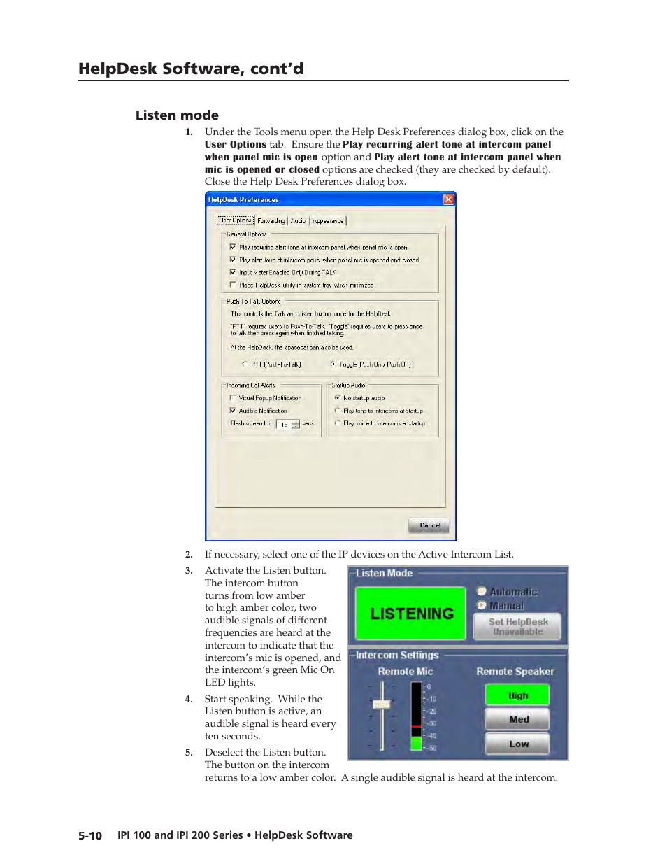 Listen mode, Listen mode -10, Turns off unless the help desk is listening | Helpdesk software, cont’d | Extron Electronics IPI 200 Series User Guide User Manual | Page 44 / 86
