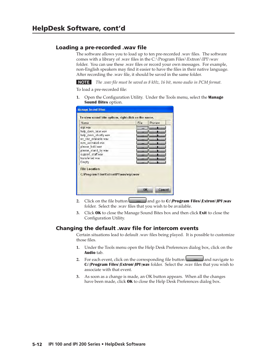 Loading a pre-recorded .wav file, Changing the default .wav file for intercom events, Files | For information about using .wav files, Loading a, Pre‑recorded .wav file on, Helpdesk software, cont’d | Extron Electronics IPI 200 Series User Guide User Manual | Page 46 / 86