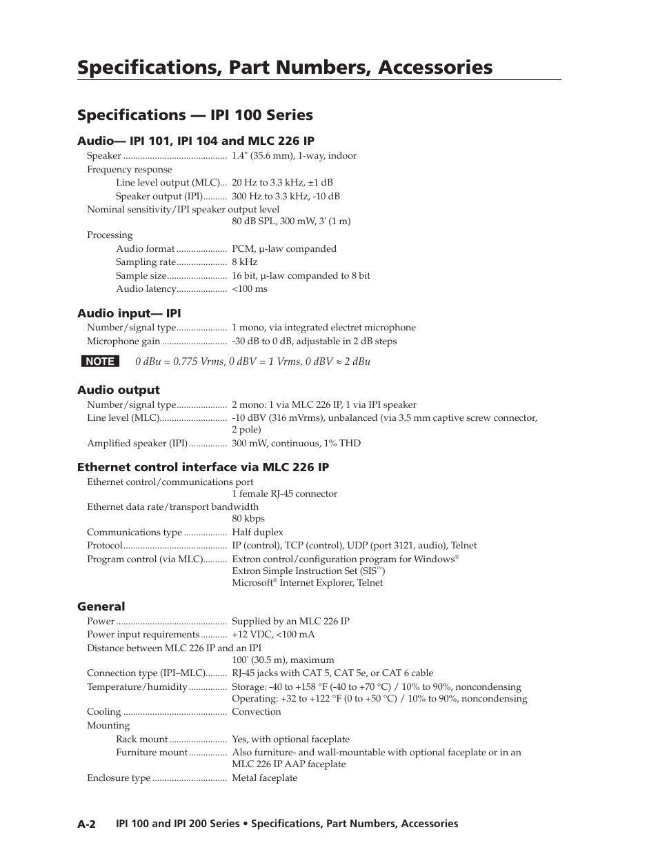 Specifications — ipi 100 series, Specifications, part numbers, accessories | Extron Electronics IPI 200 Series User Guide User Manual | Page 52 / 86