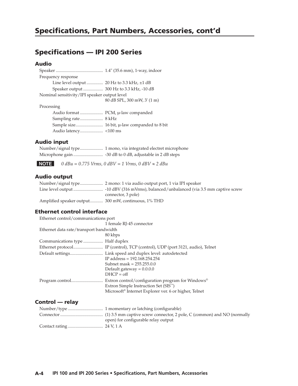 Specifications — ipi 200 series, Specifications, part numbers, accessories, cont’d | Extron Electronics IPI 200 Series User Guide User Manual | Page 54 / 86