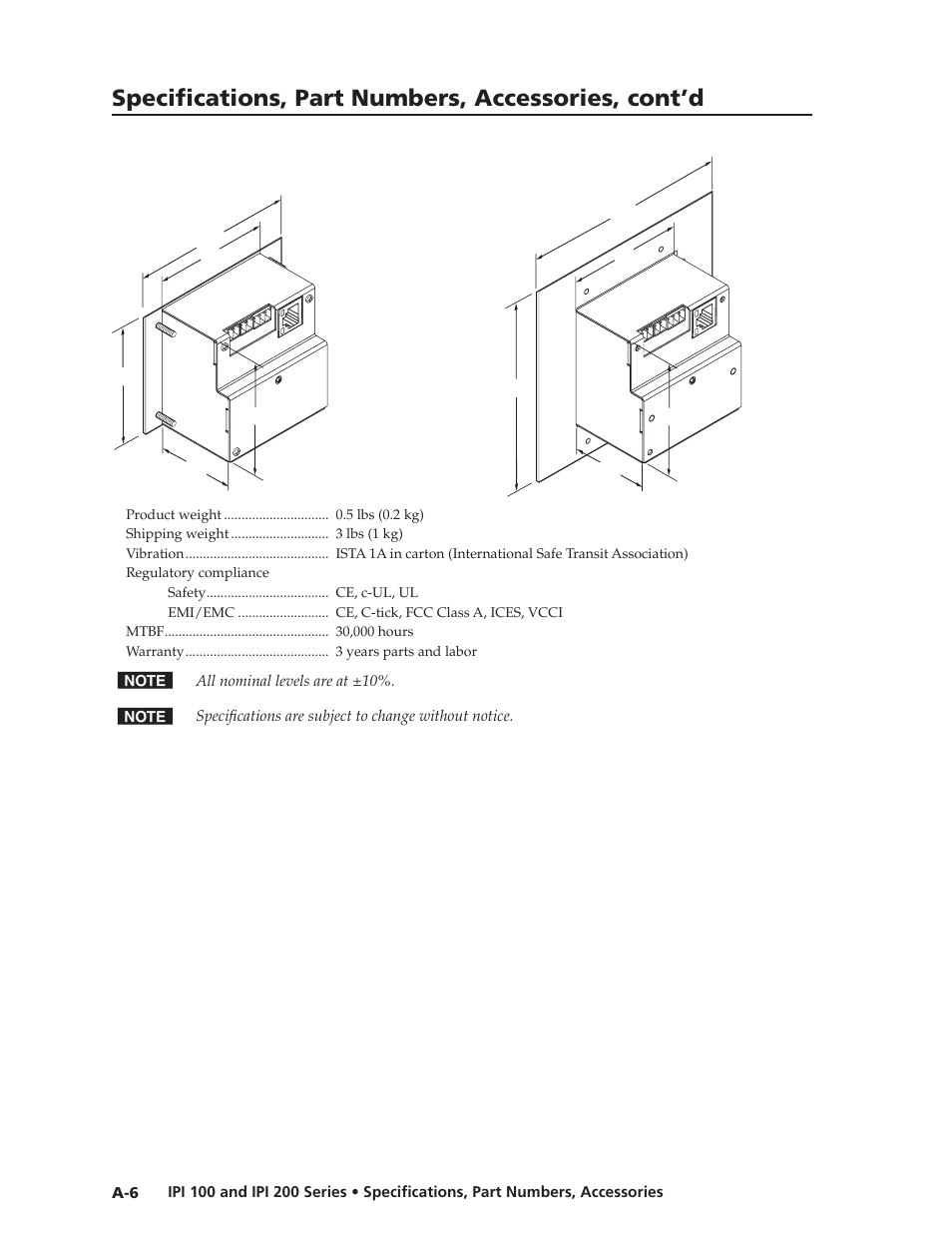 Specifications, part numbers, accessories, cont’d | Extron Electronics IPI 200 Series User Guide User Manual | Page 56 / 86