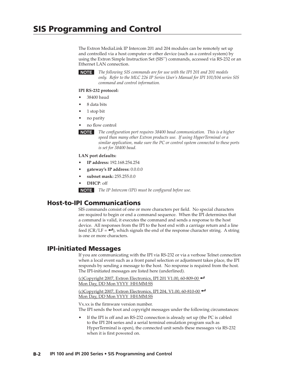 Host-to-ipi communications, Ipi-initiated messages, Sis programming and control | Extron Electronics IPI 200 Series User Guide User Manual | Page 60 / 86
