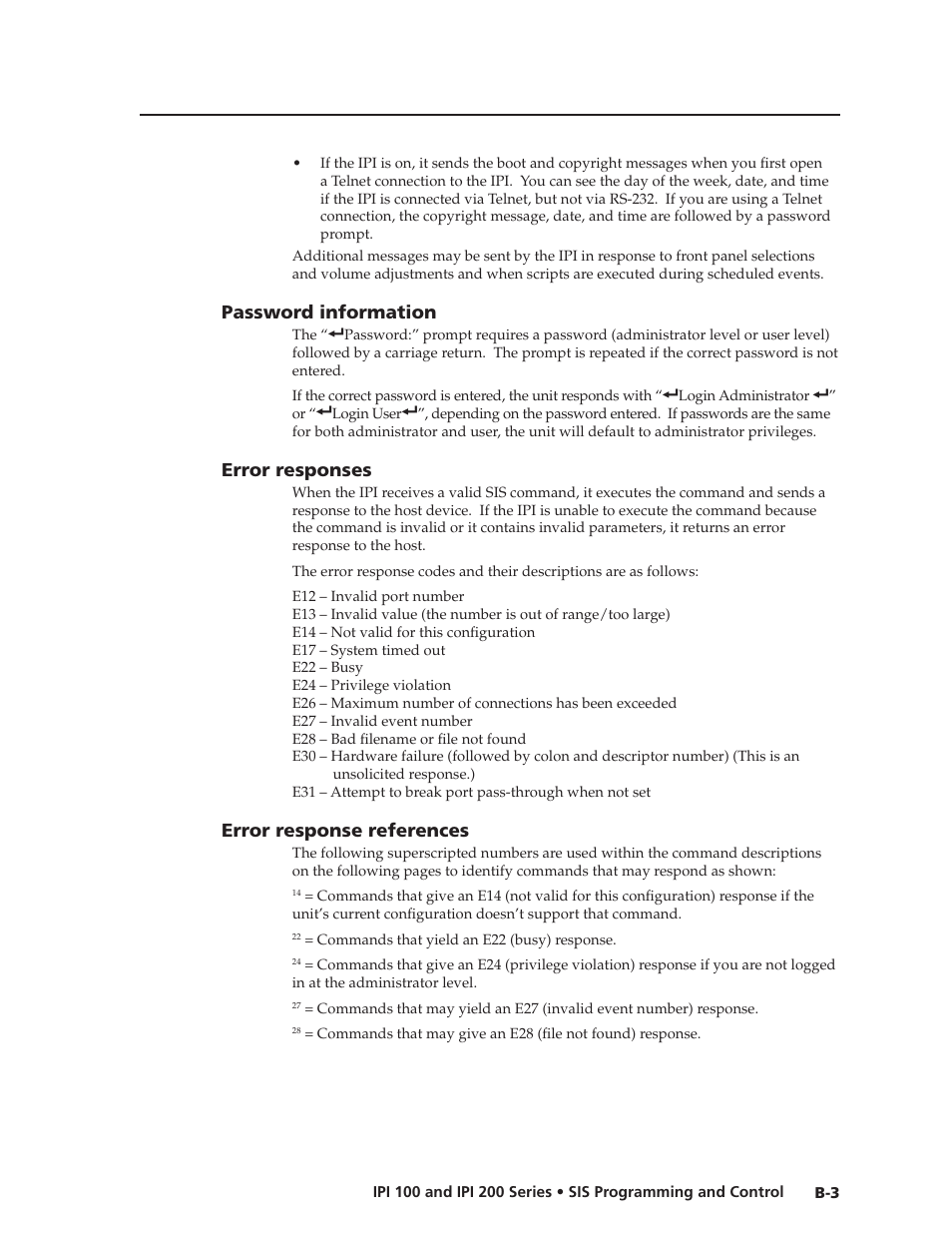 Password information, Error responses, Error response references | Extron Electronics IPI 200 Series User Guide User Manual | Page 61 / 86