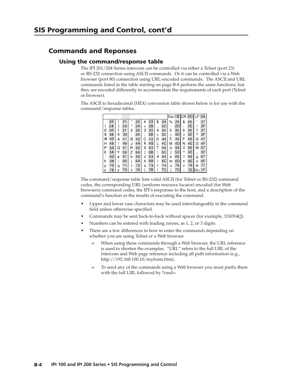Commands and reponses, Using the command/response table, Sis programming and control, cont’d | Extron Electronics IPI 200 Series User Guide User Manual | Page 62 / 86