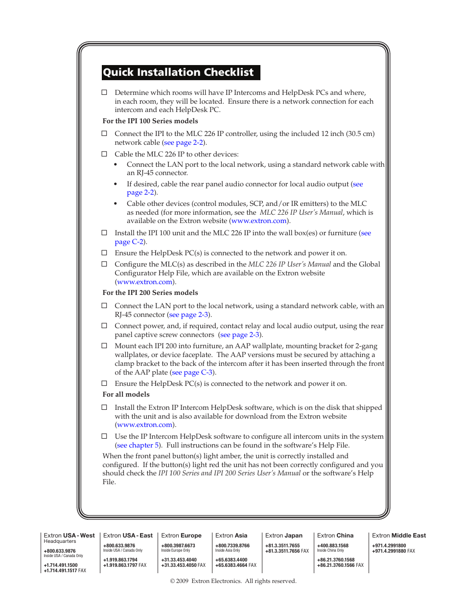 Quick installation checklist, Extron contact information | Extron Electronics IPI 200 Series User Guide User Manual | Page 86 / 86
