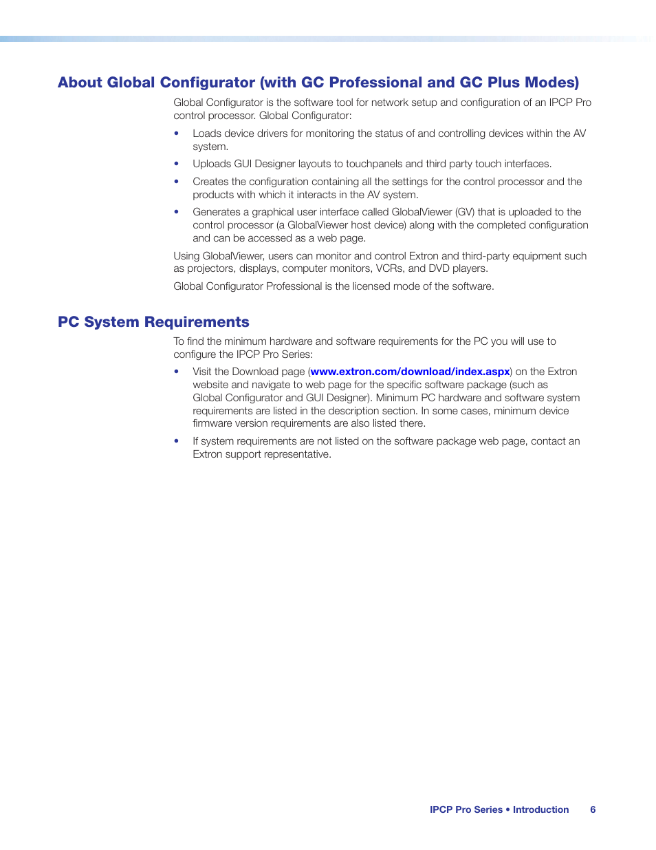 Pc system requirements, About global configurator (with, Gc professional and gc plus modes) | Preliminary | Extron Electronics IPCP Pro Series User Guide User Manual | Page 12 / 47