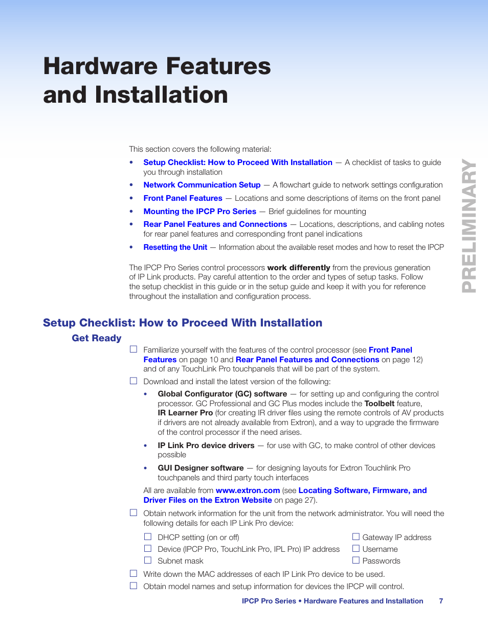 Hardware features and installation, Setup checklist: how to proceed with installation, Get ready | Setup checklist: how to proceed with, Installation, Hardware, Features and installation, Preliminar y preliminary | Extron Electronics IPCP Pro Series User Guide User Manual | Page 13 / 47
