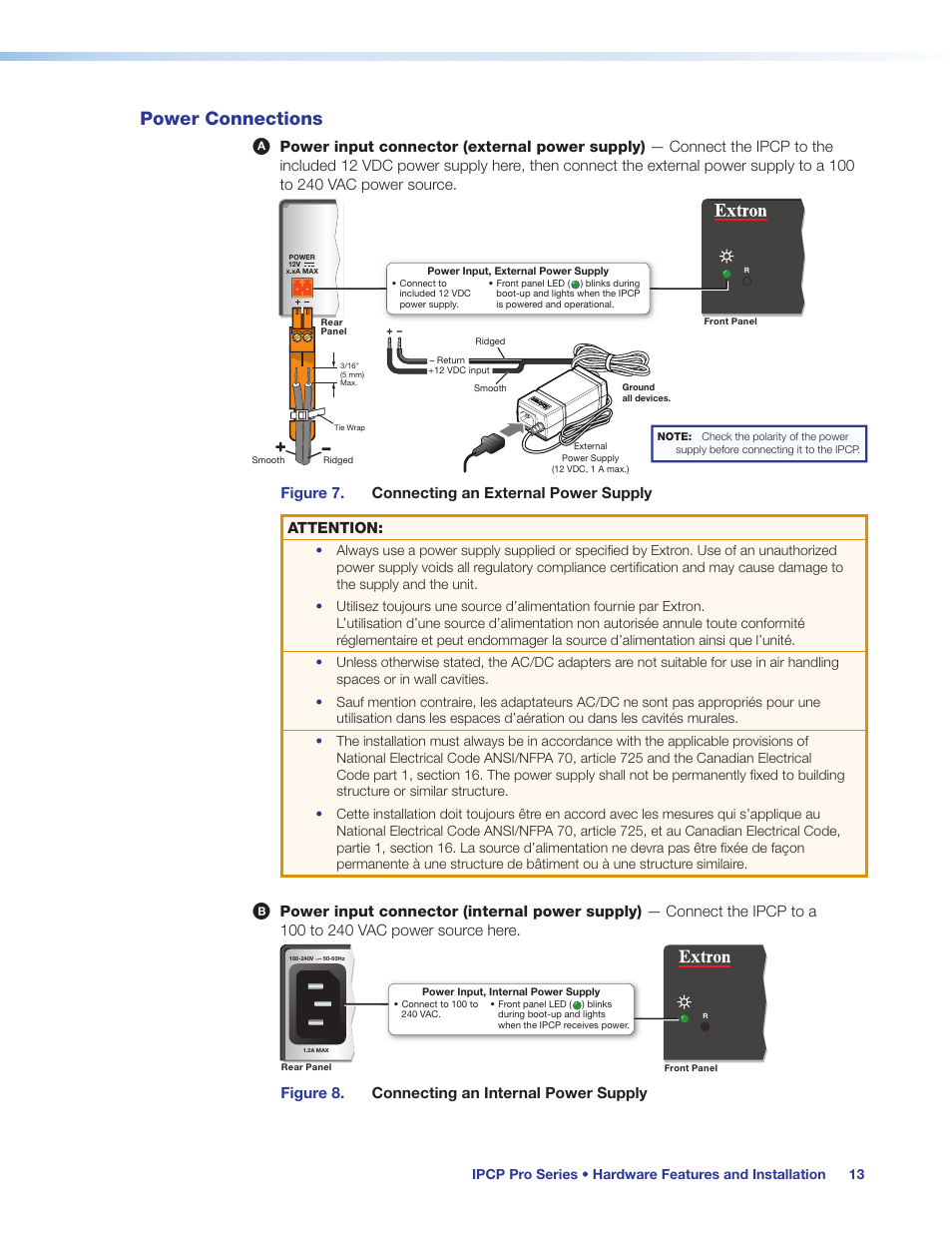 Power connections, Power input, Connector (internal | Power supply), Connector (external, Preliminary, Figure 8. connecting an internal power supply | Extron Electronics IPCP Pro Series User Guide User Manual | Page 19 / 47