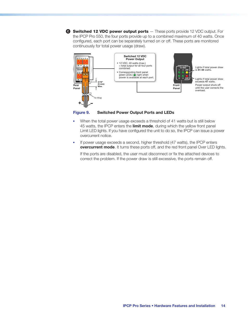 Switched, 12 vdc power, Output ports | Preliminary, Figure 9. switched power output ports and leds | Extron Electronics IPCP Pro Series User Guide User Manual | Page 20 / 47