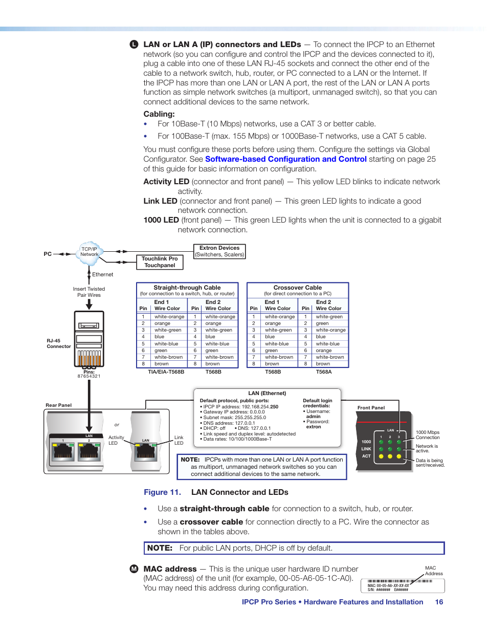 Ocessor lan connections, see, Lan or, Lan a (ip) connectors and leds | Address, Ethernet), Connectors, And leds, Preliminary, Figure 11. lan connector and leds | Extron Electronics IPCP Pro Series User Guide User Manual | Page 22 / 47