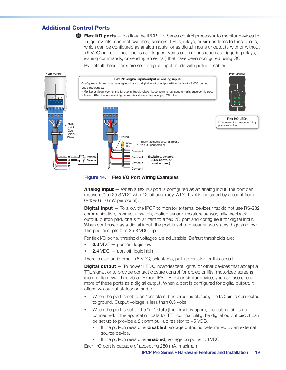 Additional control ports, Flex i/o, Digital input/output or | Analog input) ports, Preliminary, 8 vdc — port on, logic low | Extron Electronics IPCP Pro Series User Guide User Manual | Page 25 / 47