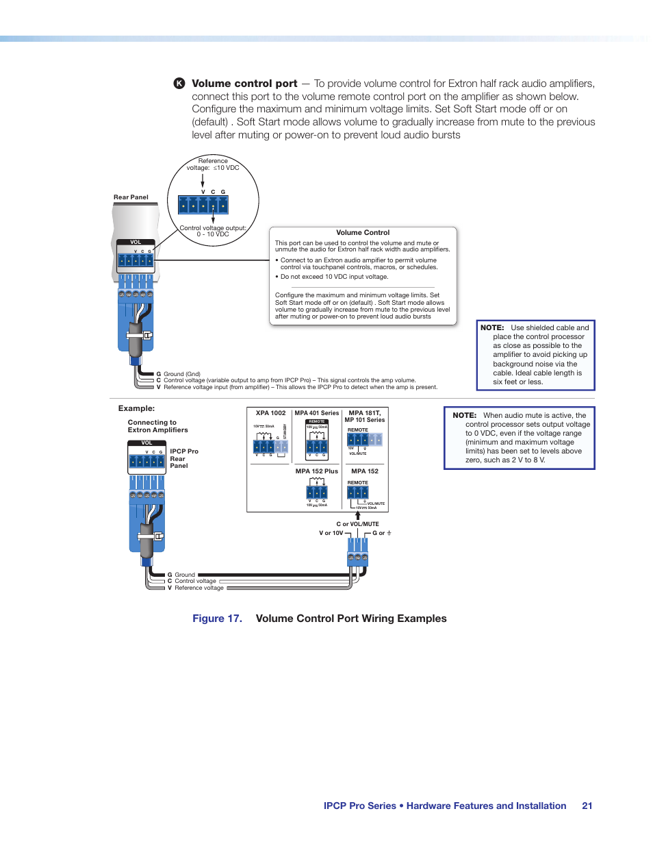 Volume, Control, Port | Preliminary, Figure 17. volume control port wiring examples | Extron Electronics IPCP Pro Series User Guide User Manual | Page 27 / 47