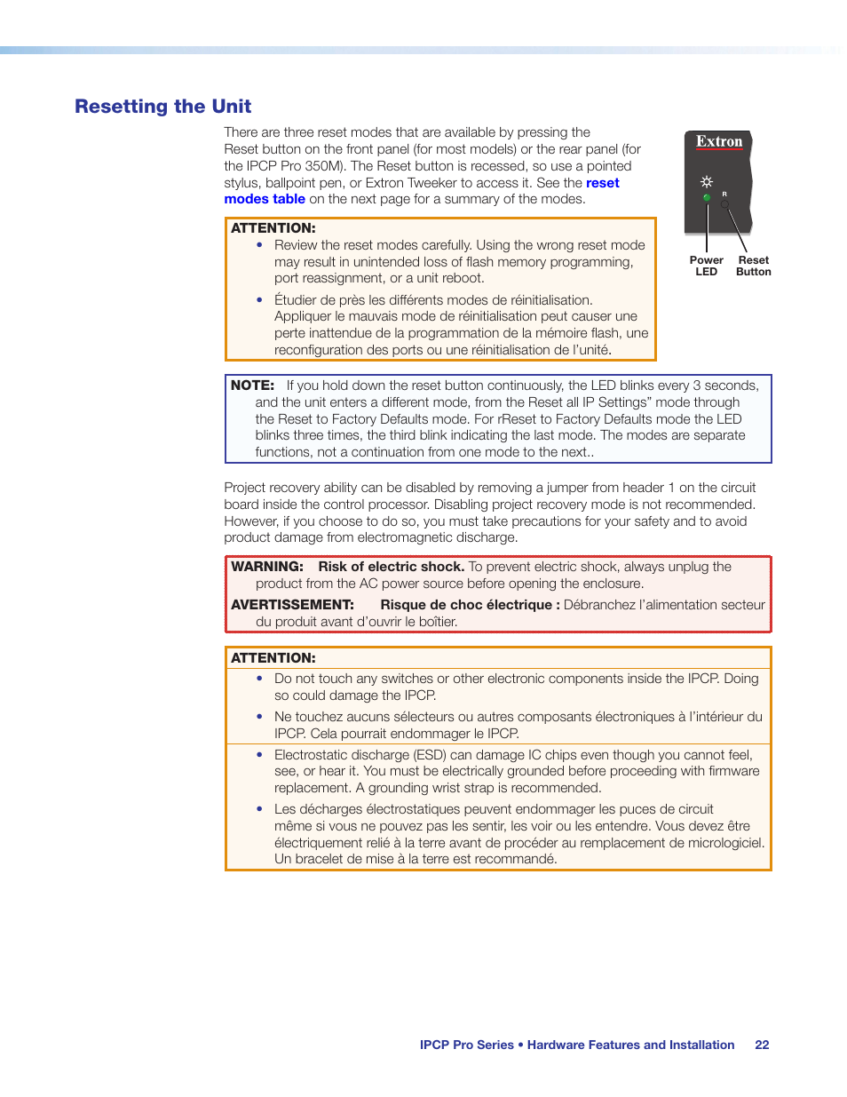 Resetting the unit, Eset mode (see, Preliminary | Extron Electronics IPCP Pro Series User Guide User Manual | Page 28 / 47