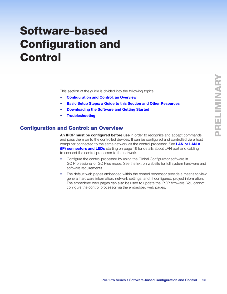 Software-based configuration and control, Configuration and control: an overview, Software-based | Configuration and control, Preliminar y preliminary | Extron Electronics IPCP Pro Series User Guide User Manual | Page 31 / 47