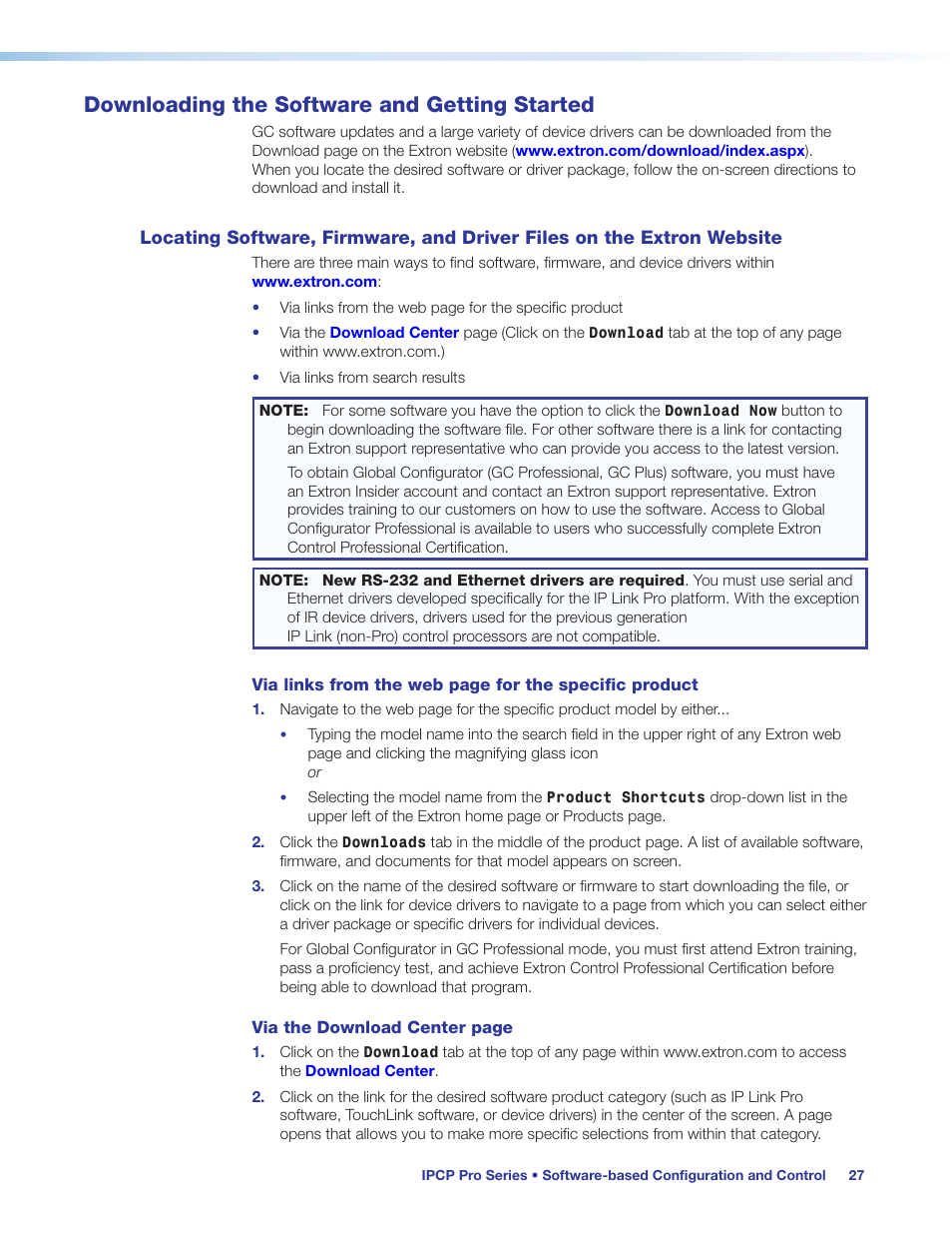 Downloading the software and getting started, Locating software, firmware, and, Driver files on the extron website | Preliminary | Extron Electronics IPCP Pro Series User Guide User Manual | Page 33 / 47