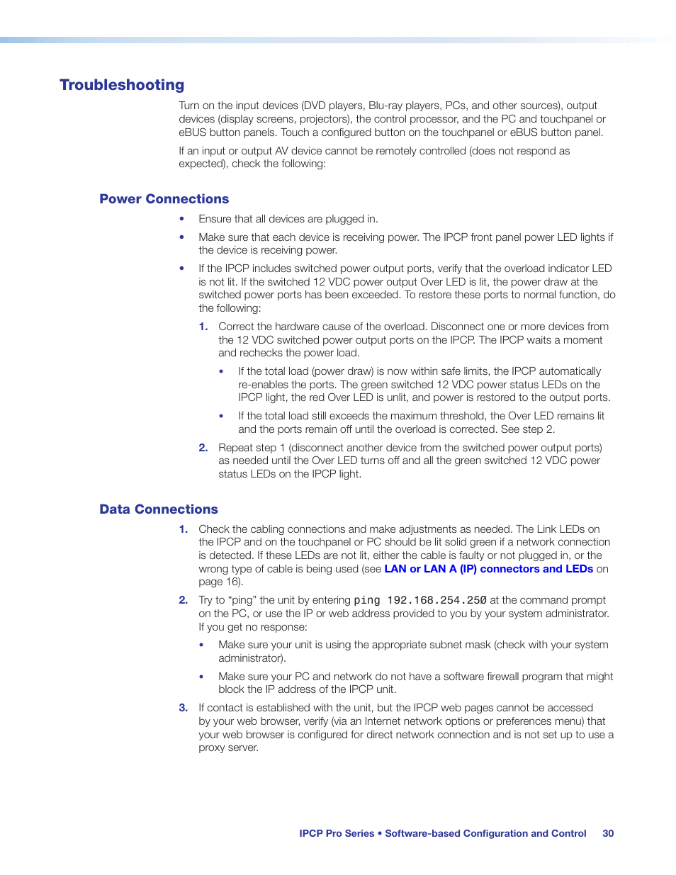Troubleshooting, Power connections, Data connections | Power connections data connections, Preliminary | Extron Electronics IPCP Pro Series User Guide User Manual | Page 36 / 47
