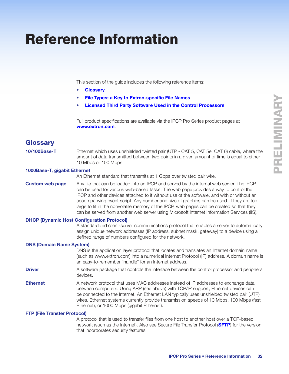 Reference information, Glossary, Preliminar y preliminary | Extron Electronics IPCP Pro Series User Guide User Manual | Page 38 / 47