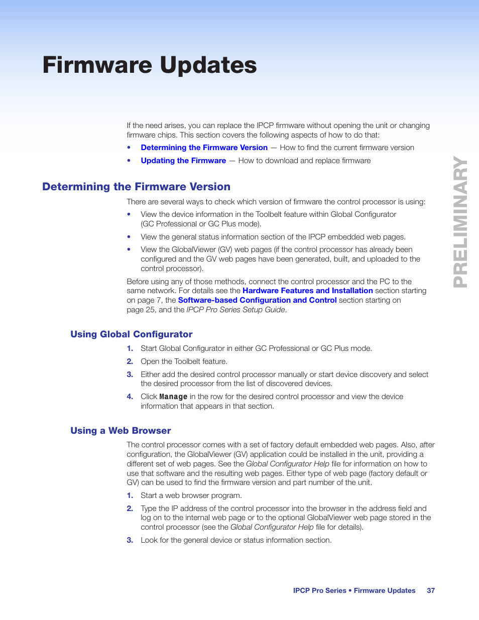 Firmware updates, Determining the firmware version, Using global configurator | Using a web browser, Using global configurator using a web browser, Preliminar y preliminary | Extron Electronics IPCP Pro Series User Guide User Manual | Page 43 / 47