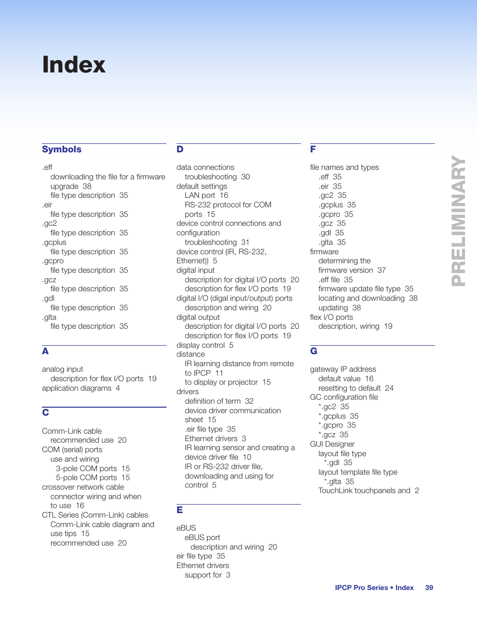 Index, Preliminar y preliminary | Extron Electronics IPCP Pro Series User Guide User Manual | Page 45 / 47