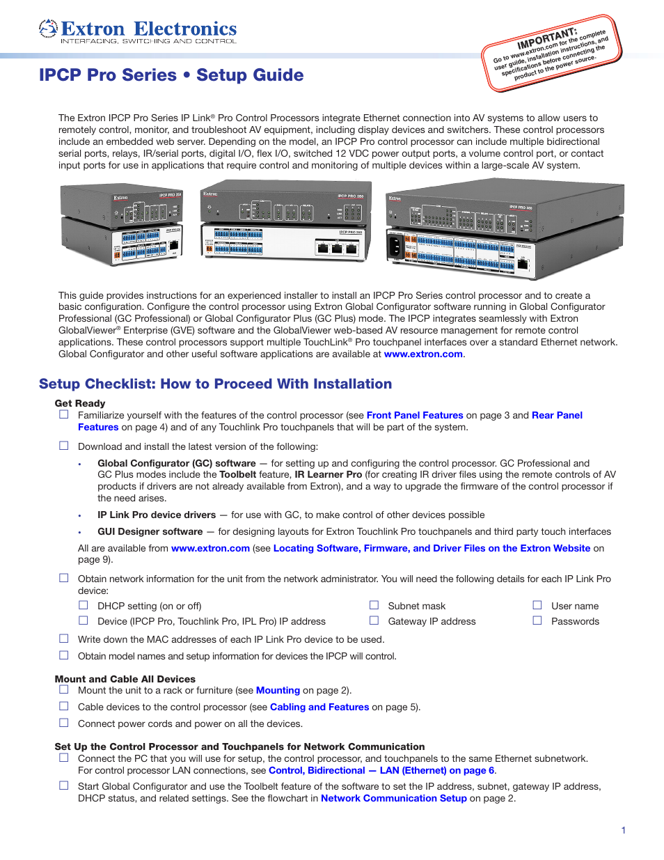 Extron Electronics IPCP Pro Series Setup Guide User Manual | 10 pages