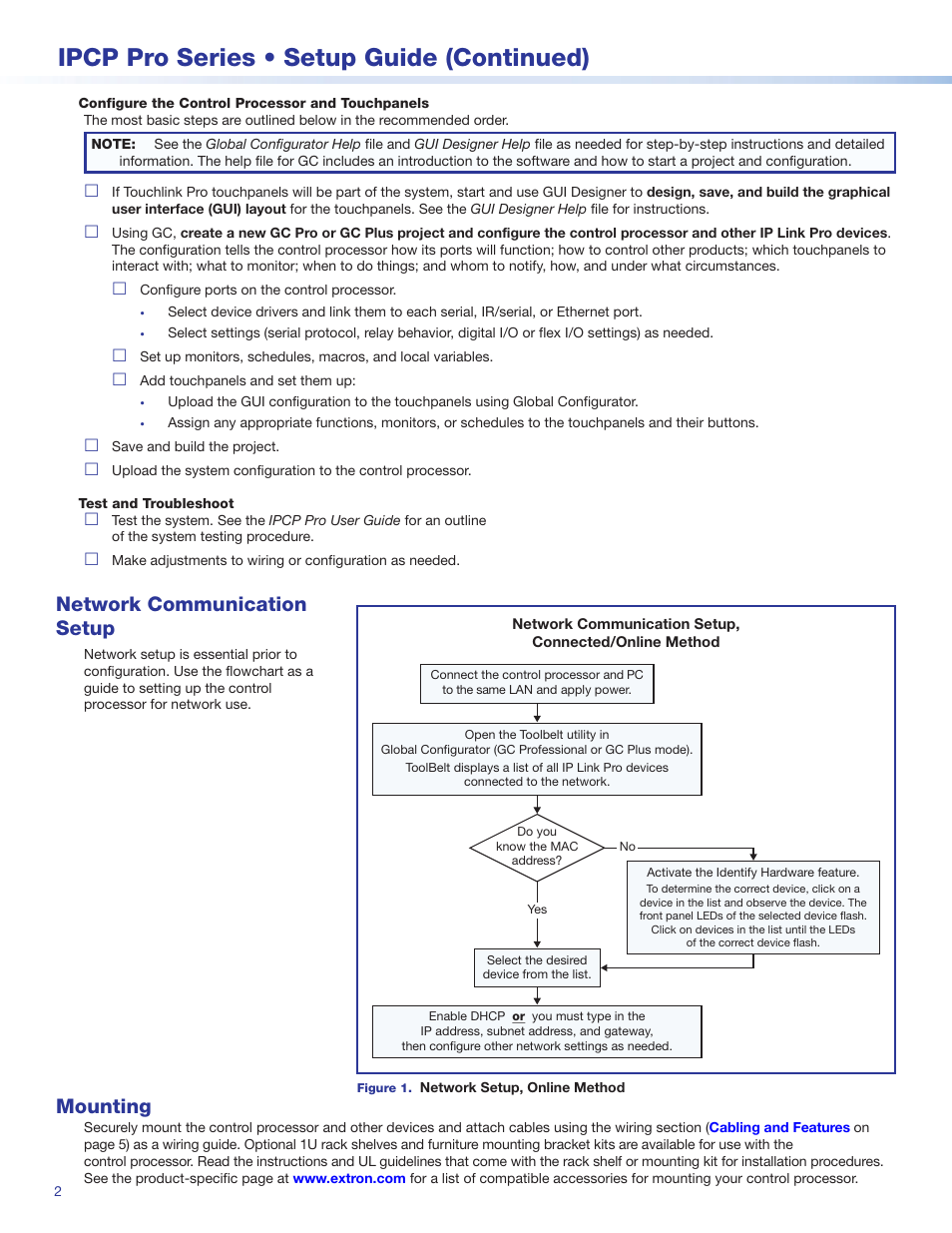 Network communication setup, Mounting, Elated settings. see the flowchart in | Ipcp pro series • setup guide (continued) | Extron Electronics IPCP Pro Series Setup Guide User Manual | Page 2 / 10