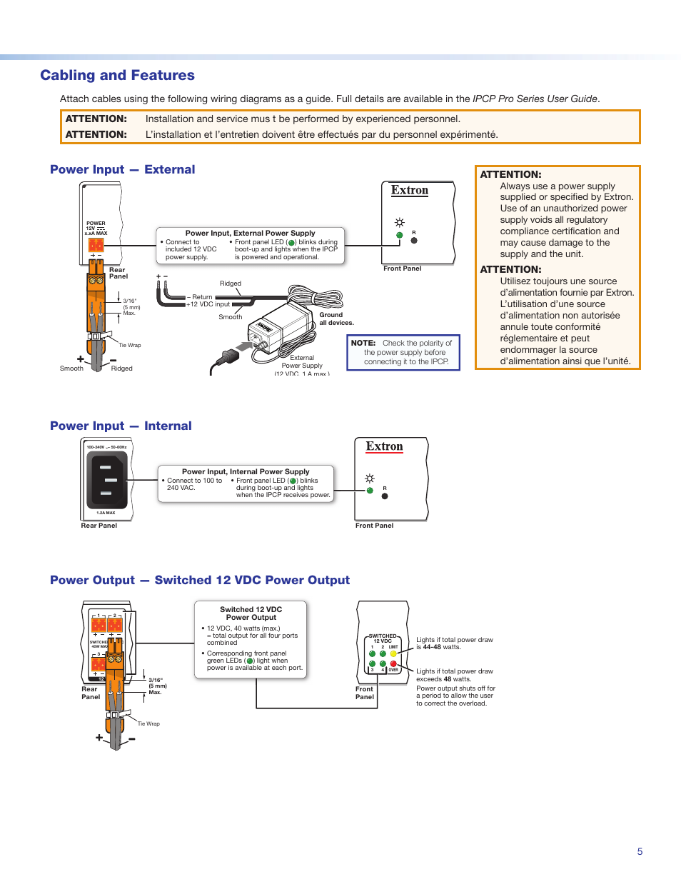 Cabling and features, Power input — external, Power input — internal | Power output — switched 12 vdc power output, Ocessor (see, Attention | Extron Electronics IPCP Pro Series Setup Guide User Manual | Page 5 / 10