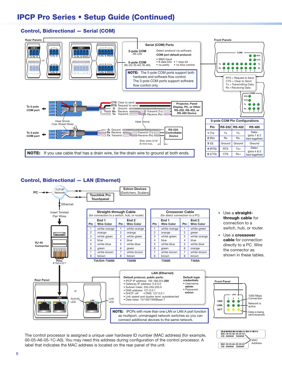 Control, bidirectional — serial (com), Control, bidirectional — lan (ethernet), Ocessor lan connections, see | Ipcp pro series • setup guide (continued) | Extron Electronics IPCP Pro Series Setup Guide User Manual | Page 6 / 10