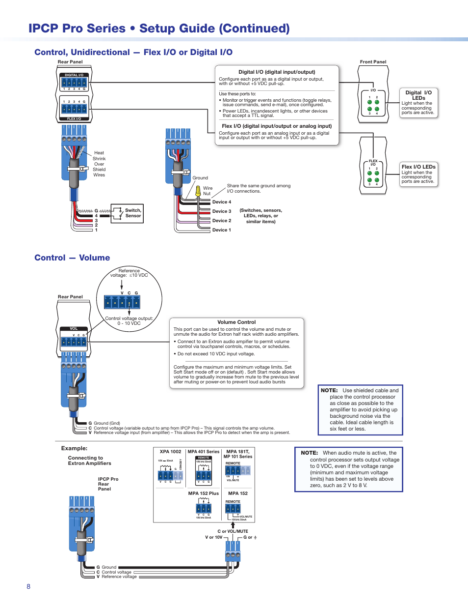 Control, unidirectional — flex i/o or digital i/o, Control — volume, Ipcp pro series • setup guide (continued) | Extron Electronics IPCP Pro Series Setup Guide User Manual | Page 8 / 10