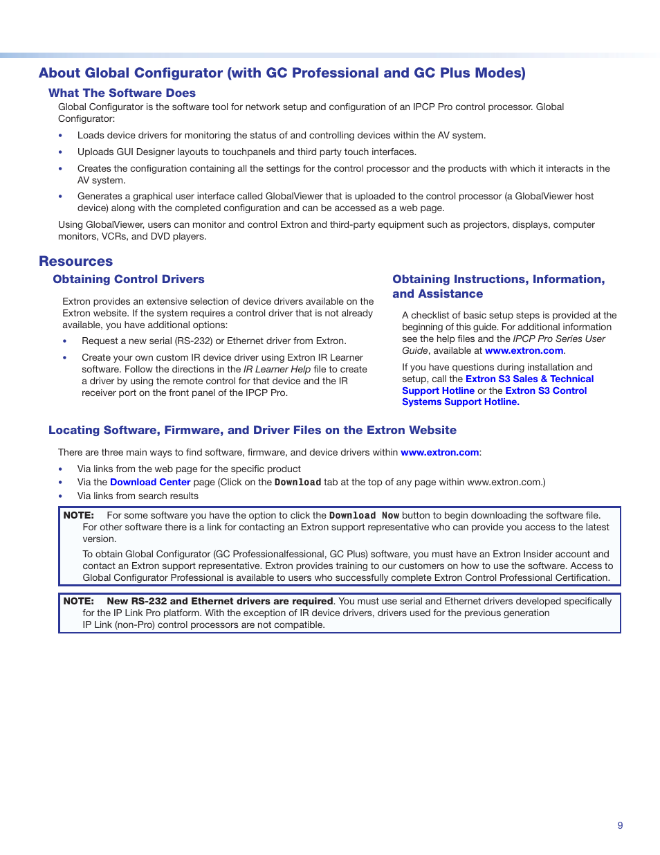 What the software does, Resources, Obtaining control drivers | Extron Electronics IPCP Pro Series Setup Guide User Manual | Page 9 / 10