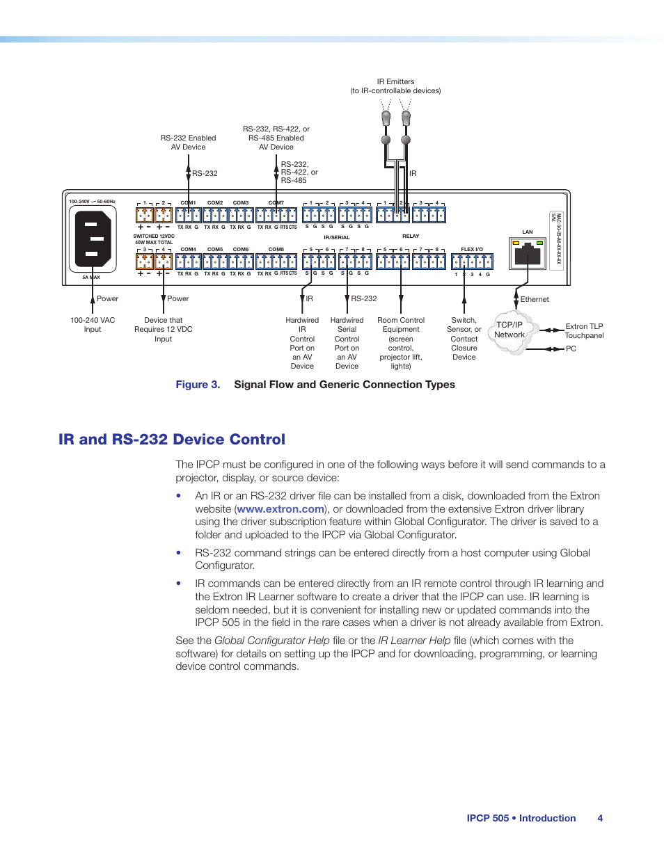 Ir and rs-232 device control, Figure 3. signal flow and generic connection types, Ipcp 505 • introduction 4 | Extron Electronics IPCP 505 User Guide User Manual | Page 10 / 96