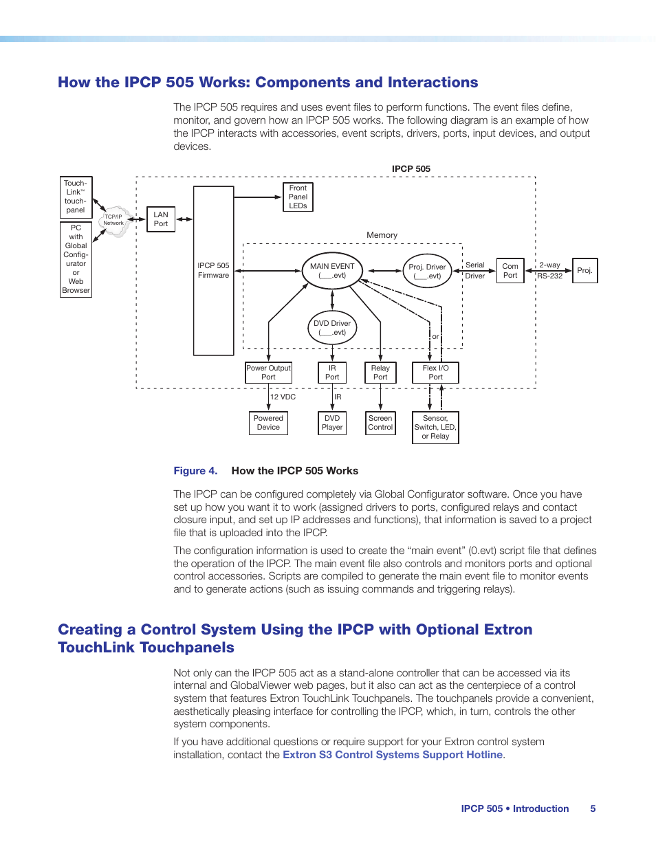 How the ipcp 505 works: components and, Interactions, Creating a control system using the ipcp with | Optional extron touchlink touchpanels, A conceptual | Extron Electronics IPCP 505 User Guide User Manual | Page 11 / 96