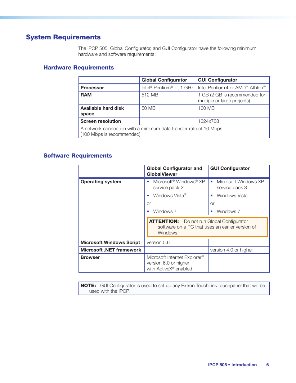System requirements, Hardware requirements, Software requirements | Hardware requirements software requirements, Computer and network system r | Extron Electronics IPCP 505 User Guide User Manual | Page 12 / 96
