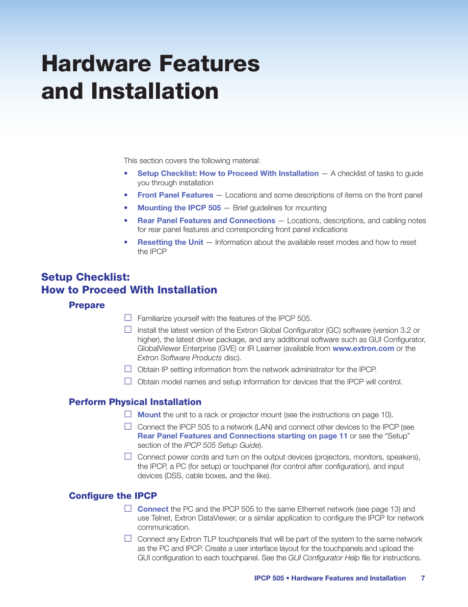 Hardware features and installation, Setup checklist: how to proceed with installation, Prepare | Perform physical installation, Configure the ipcp, Setup checklist, How to proceed with installation | Extron Electronics IPCP 505 User Guide User Manual | Page 13 / 96