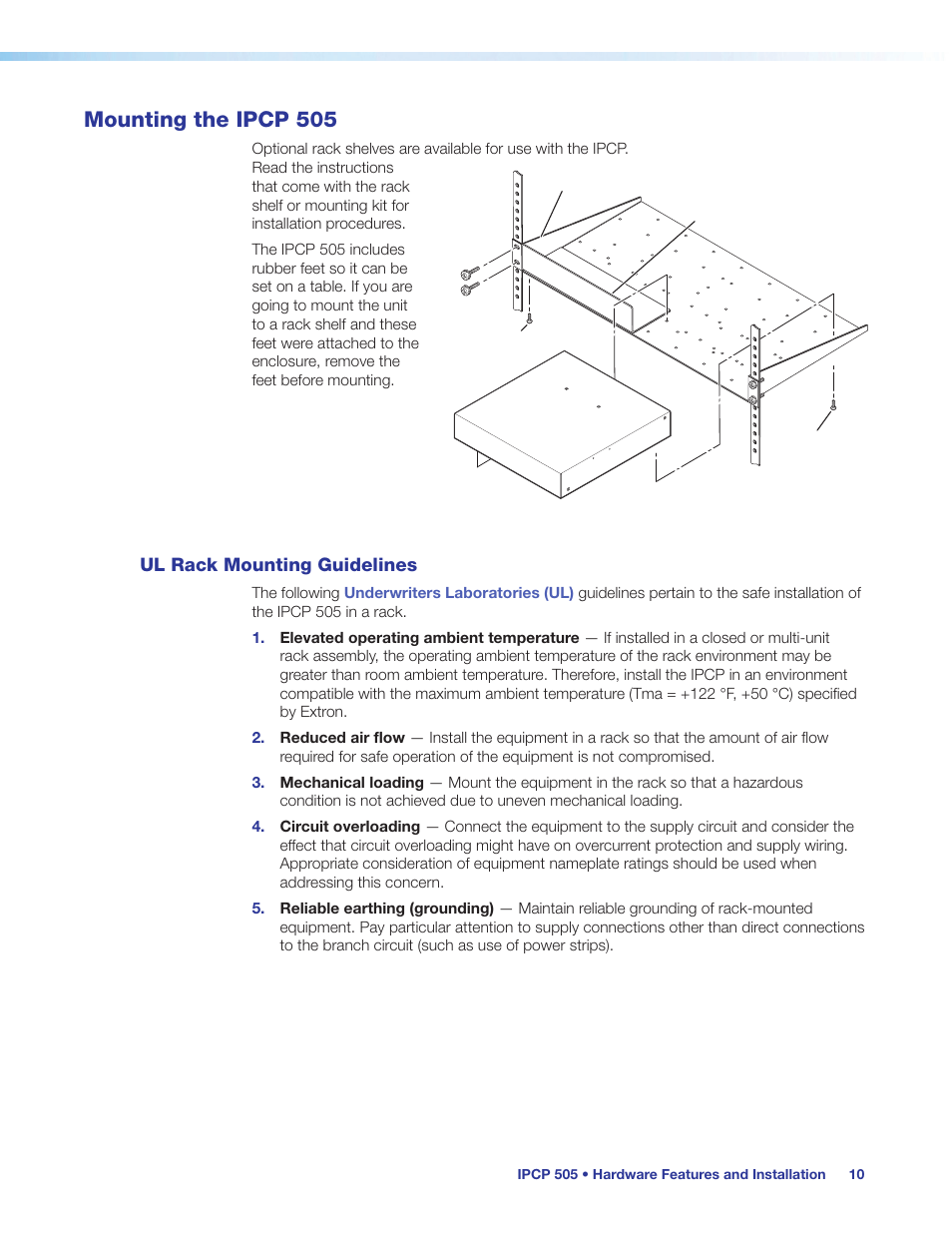 Mounting the ipcp 505, Ul rack mounting guidelines, Brief guidelines for mounting | Mount | Extron Electronics IPCP 505 User Guide User Manual | Page 16 / 96