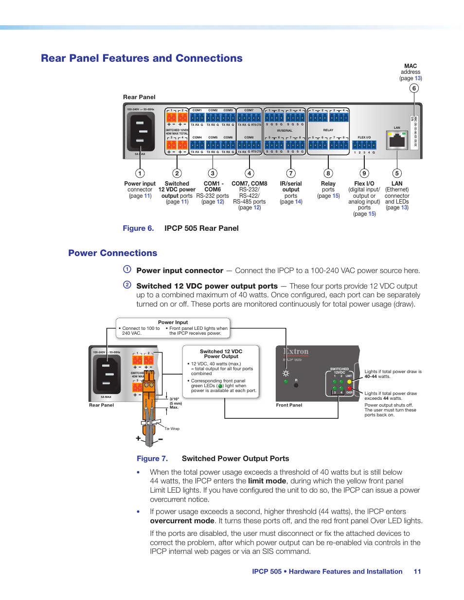 Rear panel features and connections, Power connections, Figure 6. ipcp 505 rear panel | Figure 7. switched power output ports | Extron Electronics IPCP 505 User Guide User Manual | Page 17 / 96
