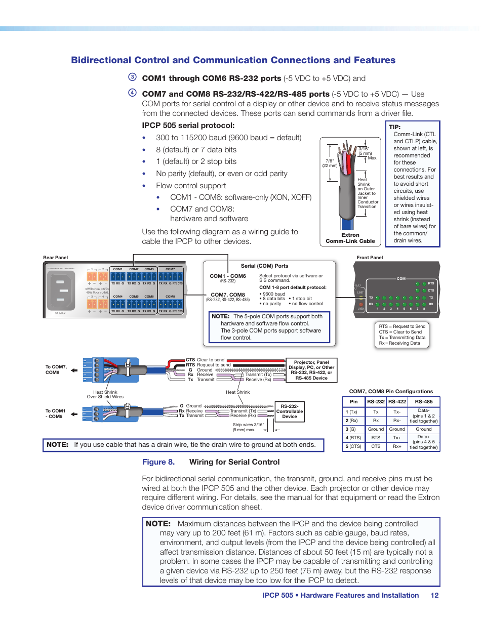 Bidirectional control and communication, Connections and features, Com7, com8 | Rs-232, Rs-422, Rs-485 ports, Com1, Com6, 8 (default) or 7 data bits, 1 (default) or 2 stop bits | Extron Electronics IPCP 505 User Guide User Manual | Page 18 / 96