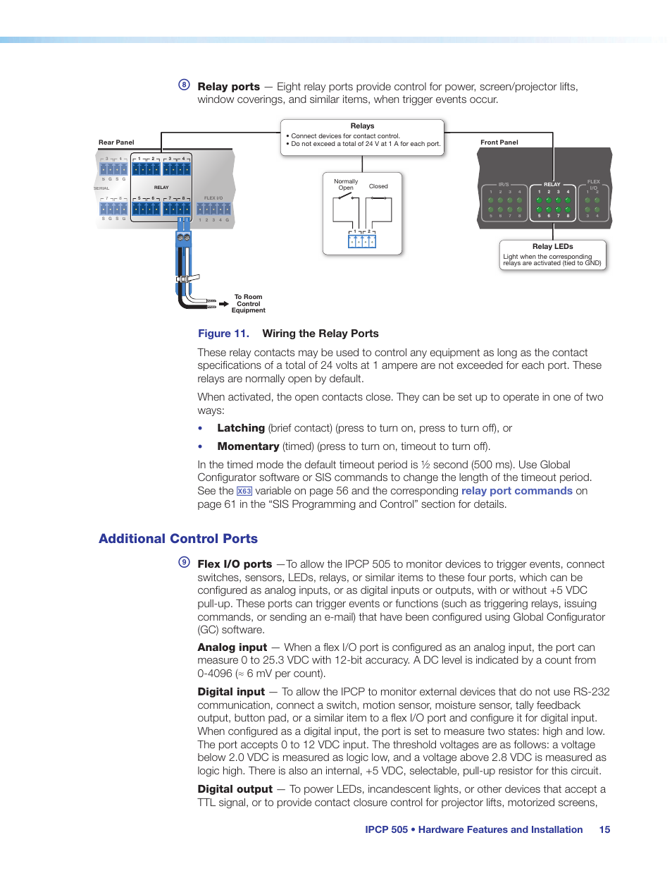 Additional control ports, Flex i/o, Digital input | Output or, Analog input), Ports, Relay | Extron Electronics IPCP 505 User Guide User Manual | Page 21 / 96