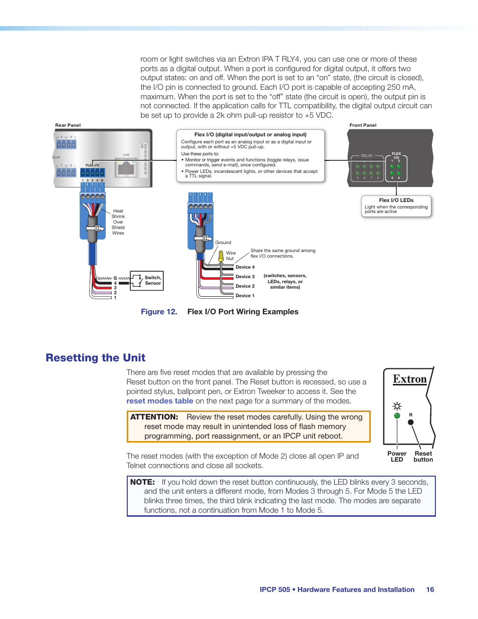 Resetting the unit, Information about the available r, And the r | Figure 12. flex i/o port wiring examples | Extron Electronics IPCP 505 User Guide User Manual | Page 22 / 96